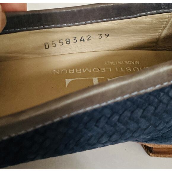 AGL Sz 9 Vero Cuoio Italian Gray Leather Toe Dble Bkl Blue Suede Braided Flats - Picture 4 of 7